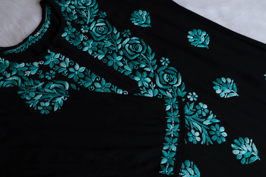 Gulaab Black & Teal Ombre Long Rayon Kurta