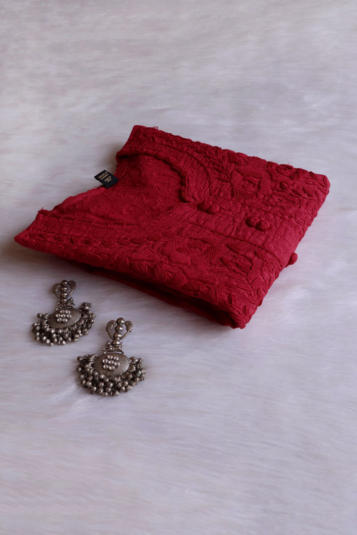 Maroon Long Jacquard Lace Cotton kurta - Noor Chikankari