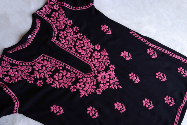 Gul-E-Jahaan Black & Pink Short Rayon Kurta