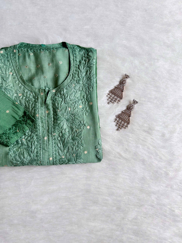 Nazakat Green Long Chanderi Kurta