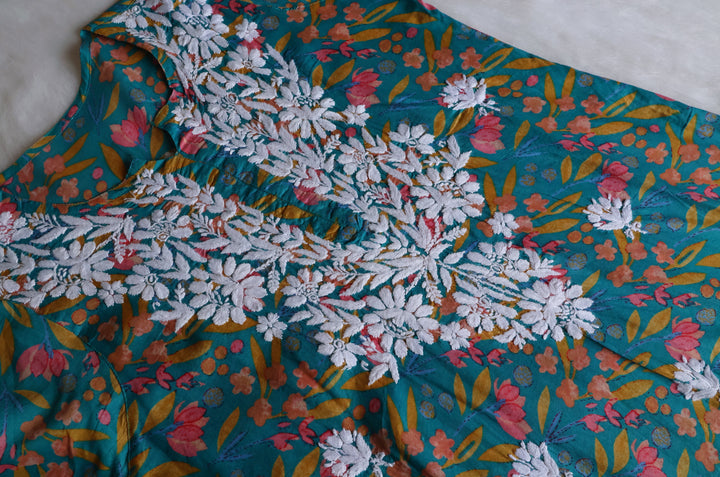 Sajal Teal Blue Floral Long MulMul kurta