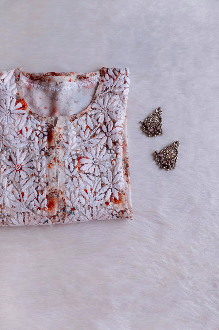 Gulbahaar Beige Floral Long Rayon kurta - Noor Chikankari