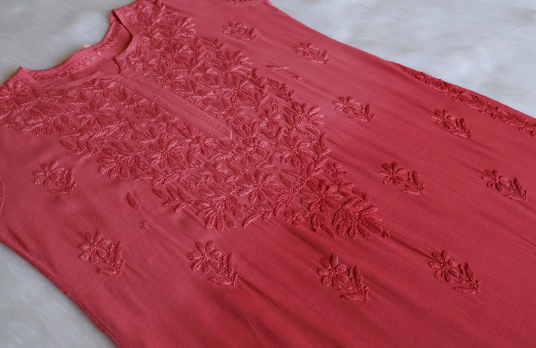 Sanam Rose Brown Ombre Long Rayon Kurta - Noor Chikankari