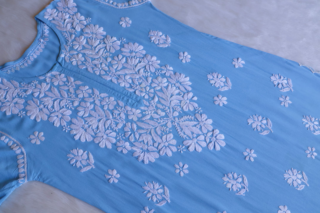 Maisha Ice Blue Scalloped Long Rayon Kurta