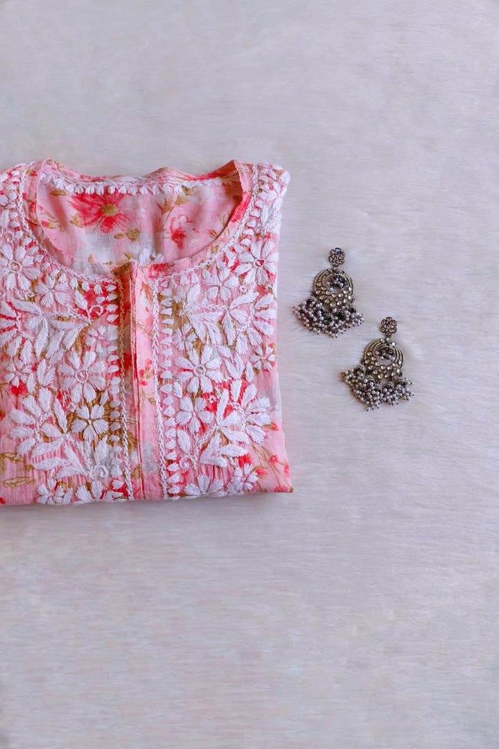 Hedaya Pink Floral Long MulMul kurta
