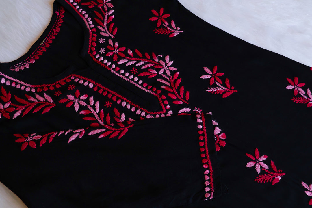 Maaham Black & Deep Pink Short Rayon Kurta - Noor Chikankari