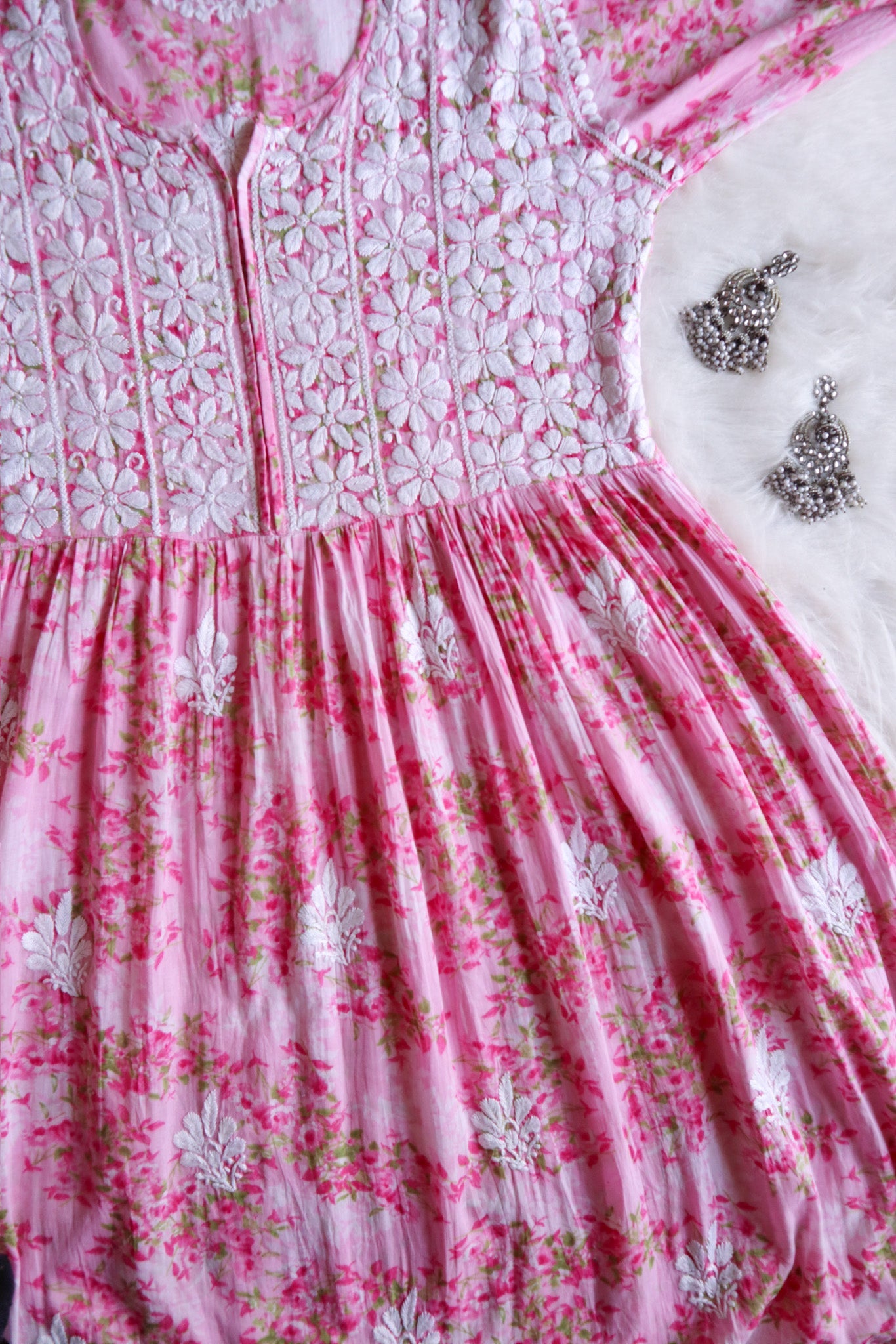 Meera Pink Floral Mulmul Fit & flare Dress