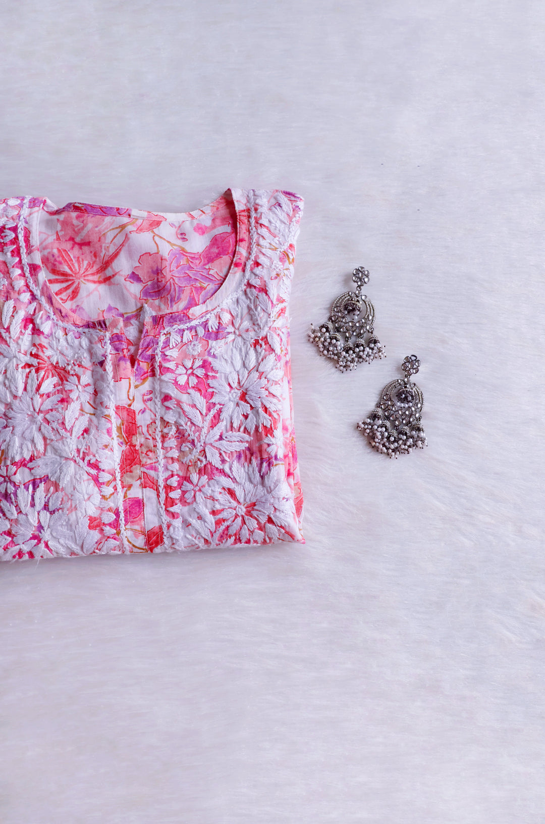Maahgul Pink Floral Long MulMul kurta