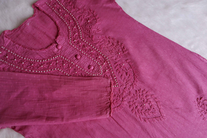 Mauve Pink Long Cotton Jacquard Pearl kurta