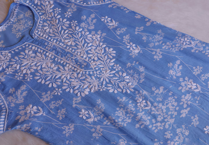 Farhaa Ice Blue Floral Long MulMul kurta
