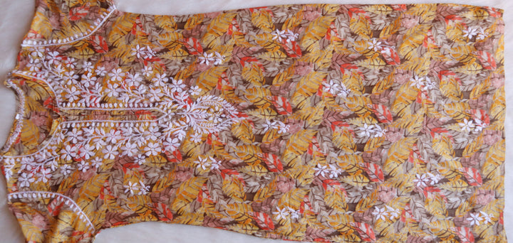 Zahra Golden Floral Long MulMul kurta - Noor Chikankari