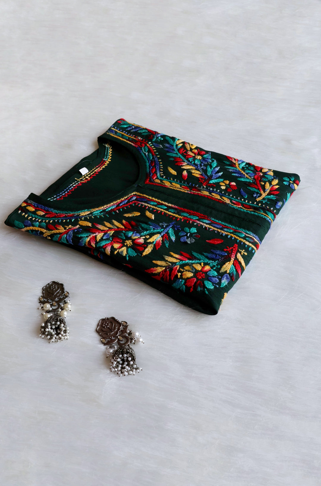 Maaham Deep Green & Multicoloured Short Rayon Kurta