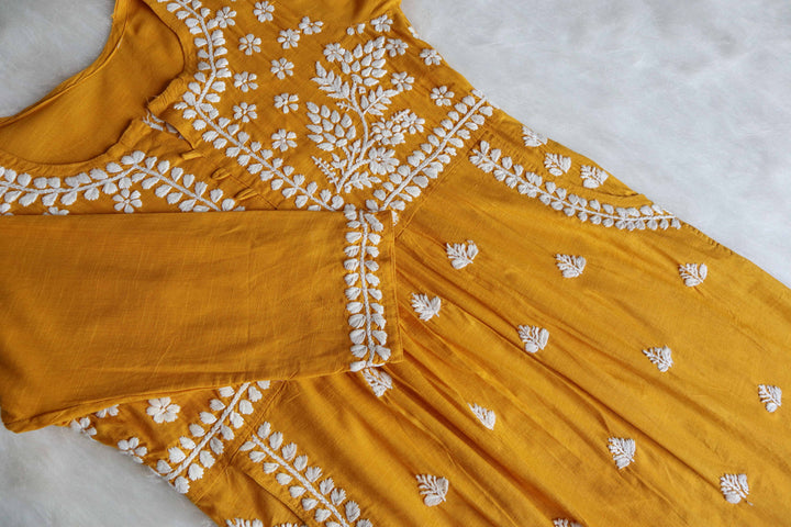 Safaa Mustard & White Linen Kurta