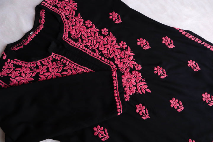 Gul-E-Jahaan Black & Mauve Pink Short Rayon Kurta