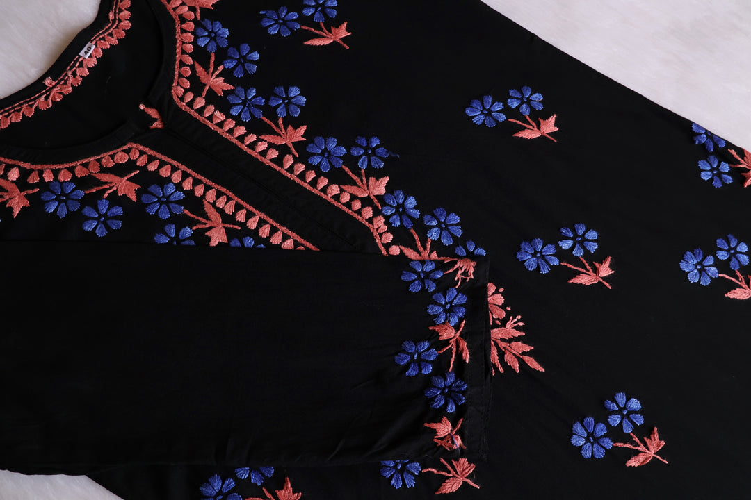 Sitara Black, Blue & Rust Rayon Kurta Set - Noor Chikankari