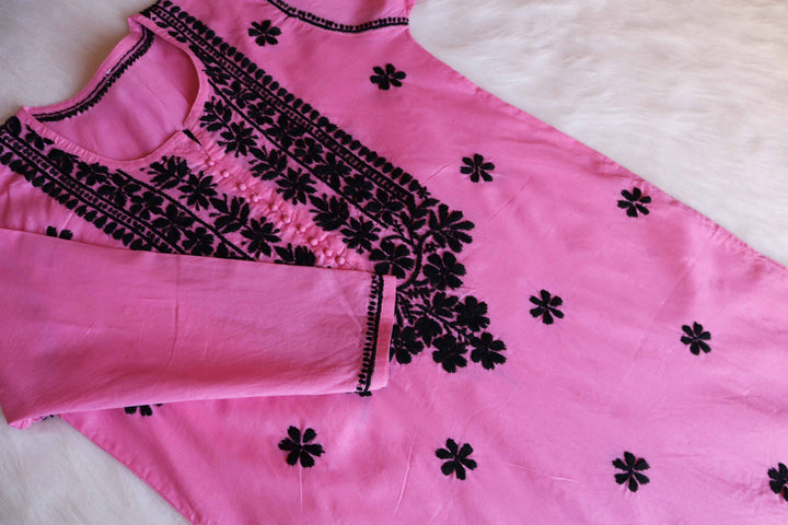 Tara Baby Pink & Black Cotton Kurta