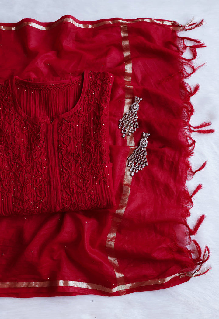 Naqsh Red Pure Chanderi Mulmul Set