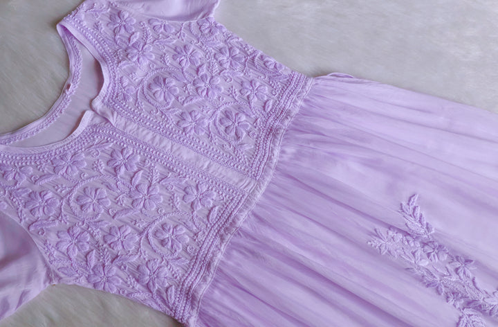 Aafiyat Pure Muslin Lavender Chikankari Fit and Flare dress