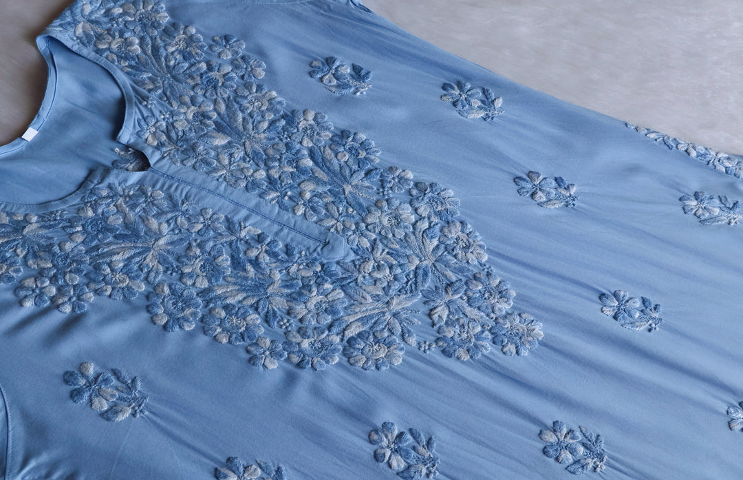 Nuresa Ice Blue Ombre Thread Long Rayon Kurta