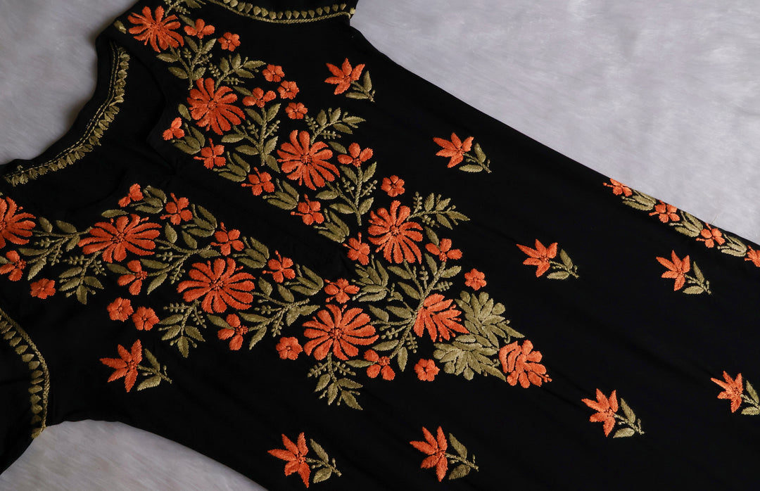 Gulaab Black, Saffron & Green Rayon Kurta Set