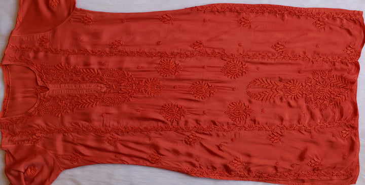 Haania Rust Orange Pure Muslin Kurta - Noor Chikankari