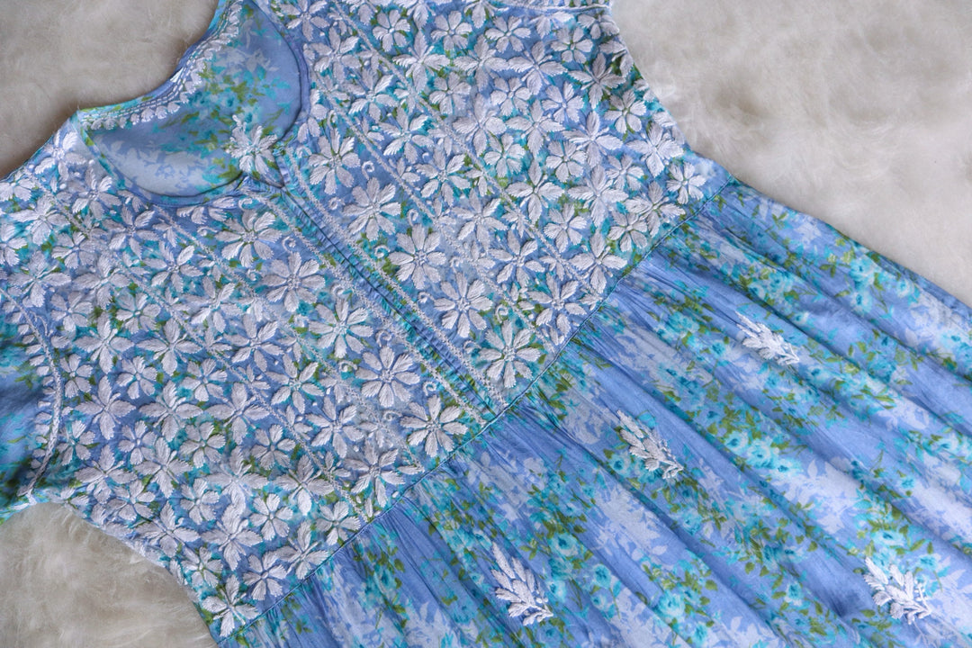 Meera Ice Blue Floral Mulmul Fit & flare Dress