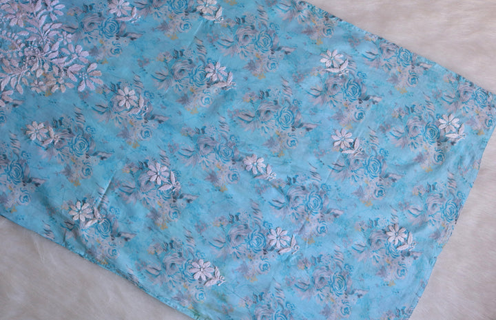 Zahra Sky Blue Floral Long MulMul kurta - Noor Chikankari