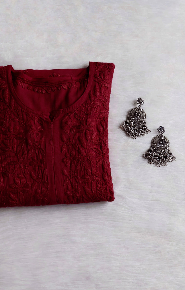 Gul Maroon Scalloped Long Rayon Kurta