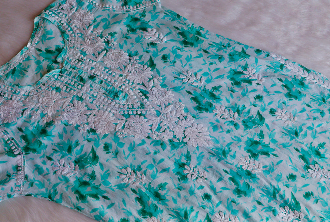 Abhira Mint Green Pure Mulmul set - Noor Chikankari