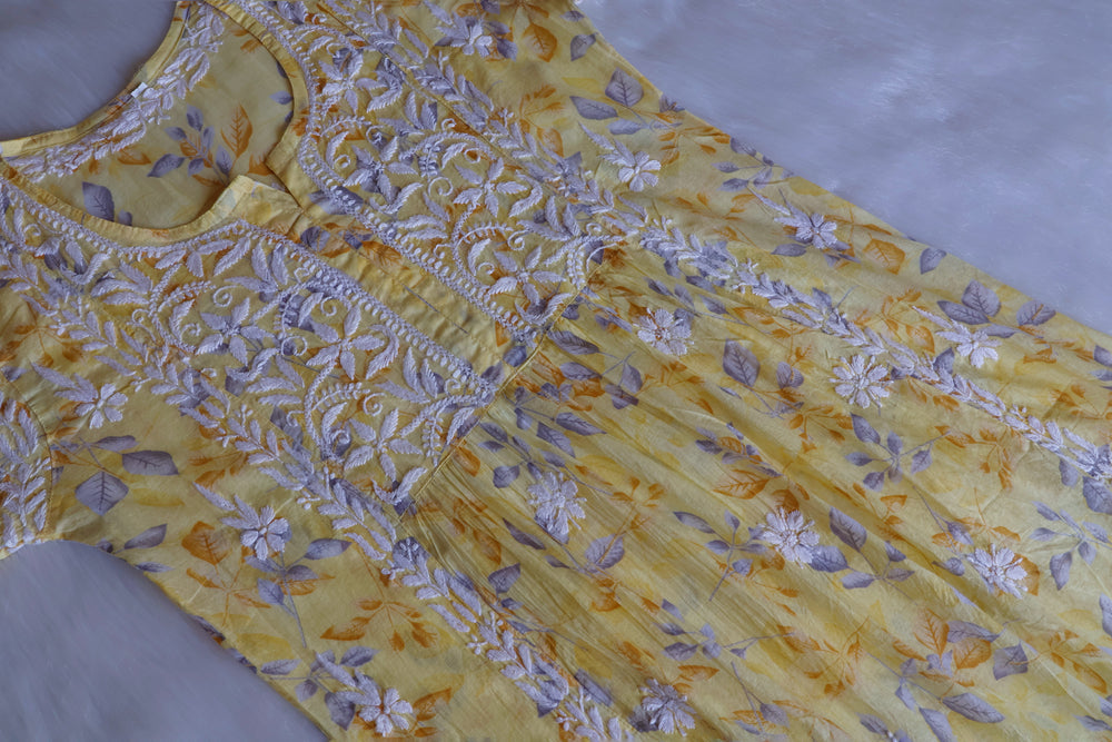Ayra Yellow Floral Mulmul Nyra Cut Dress - Noor Chikankari