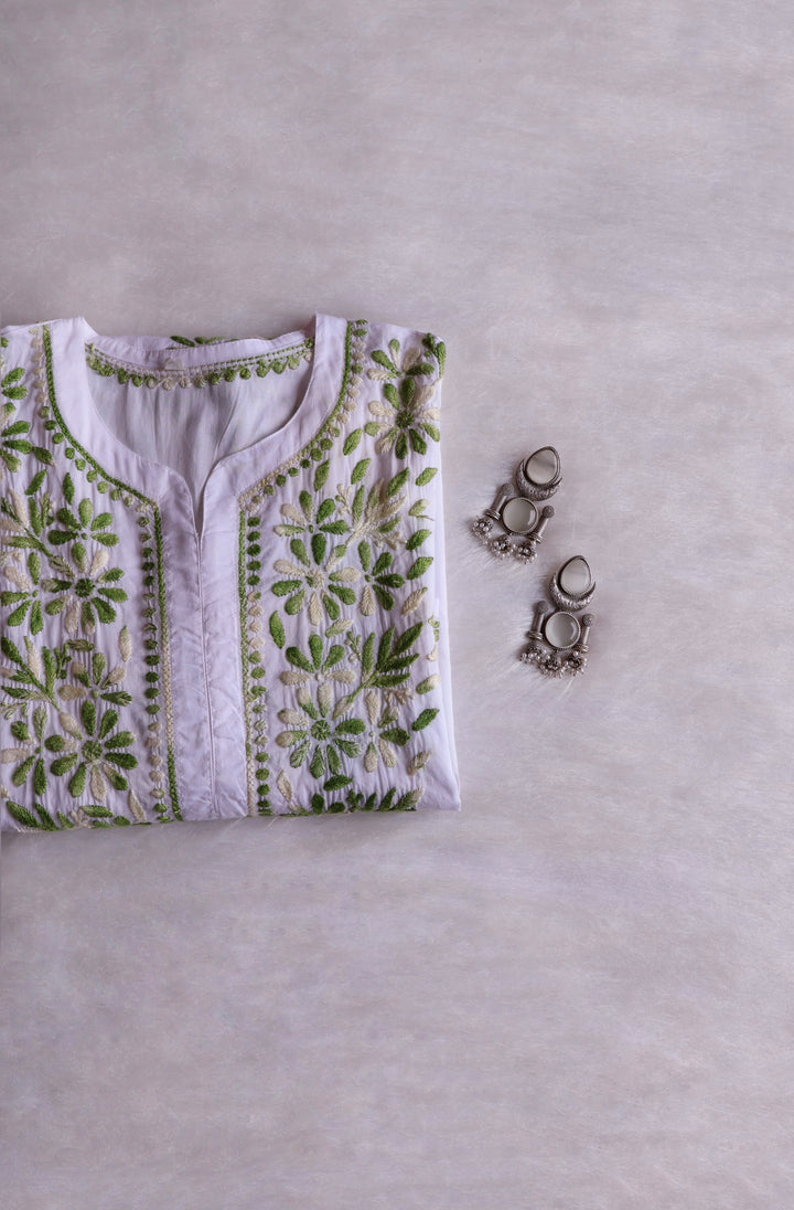 Gul Kashmiri White & Green Pure Cotton Kurta