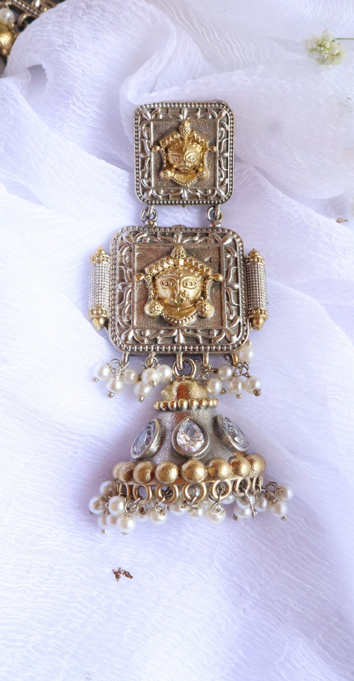 Oxidised Dual toned Silver & Gold chandelier earrings