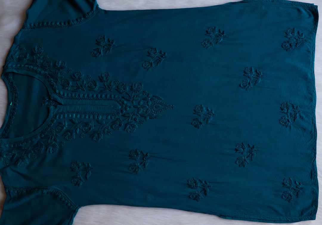 Gul Sea Blue Short Rayon Kurta - Noor Chikankari