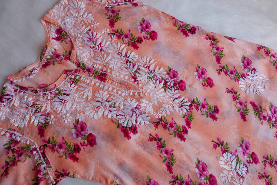 Ishra Peach Short Mulmul Kurta