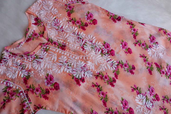 Ishra Peach Short Mulmul Kurta