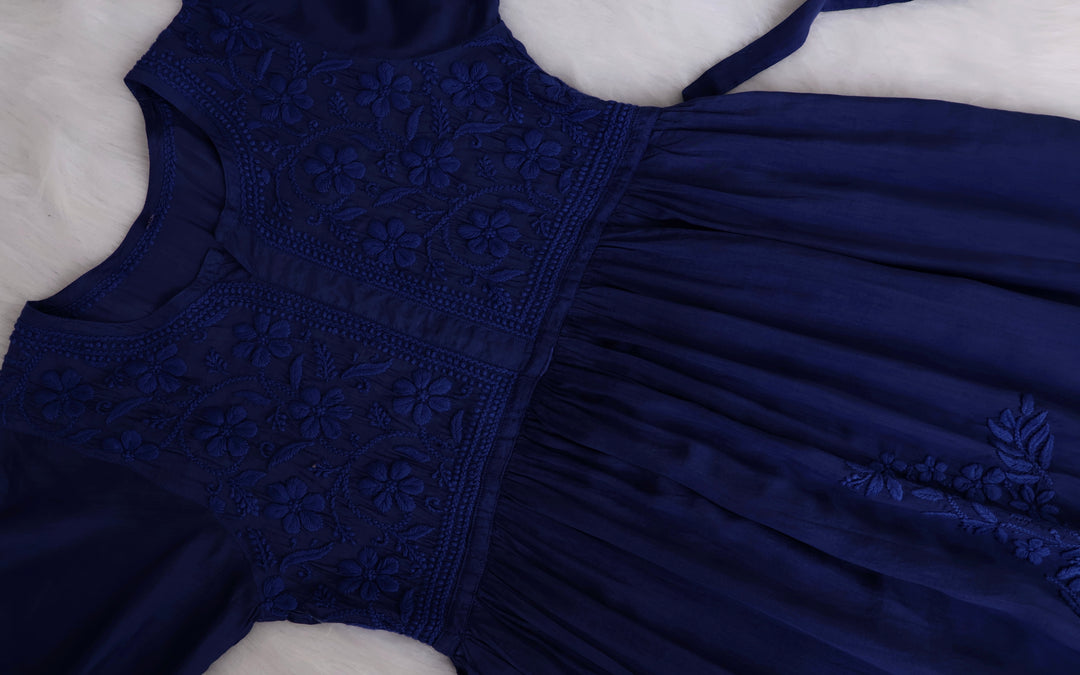 Aafiyat Pure Muslin Royal Blue Chikankari Fit and Flare dress