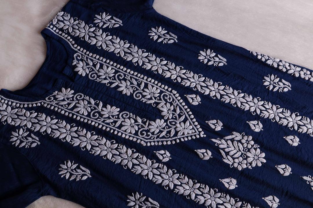 Alizah Navy Blue Linen Chanderi Mukaish Kurta