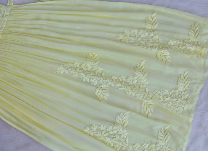 Aafiyat Pure Muslin Butter Yellow Chikankari Fit and Flare dress