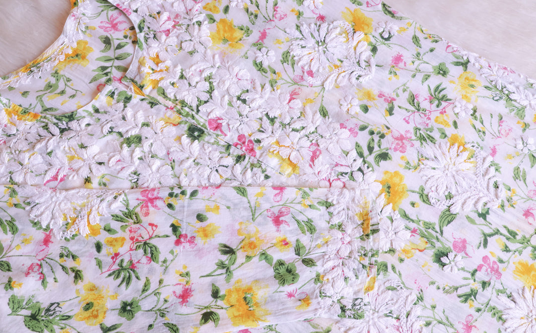 Amna White & Yellow Floral Long MulMul kurta