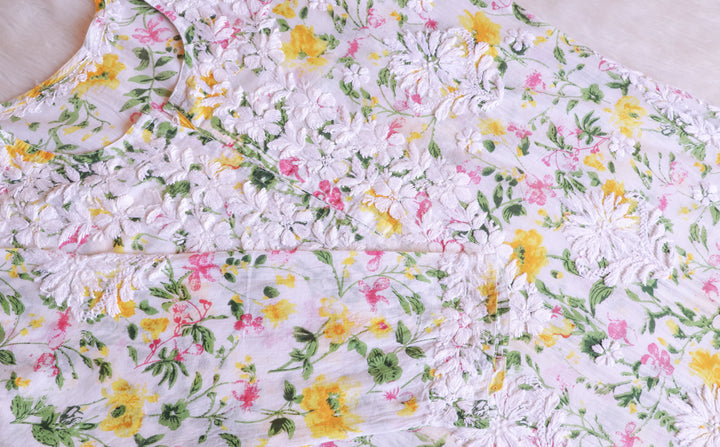 Amna White & Yellow Floral Long MulMul kurta