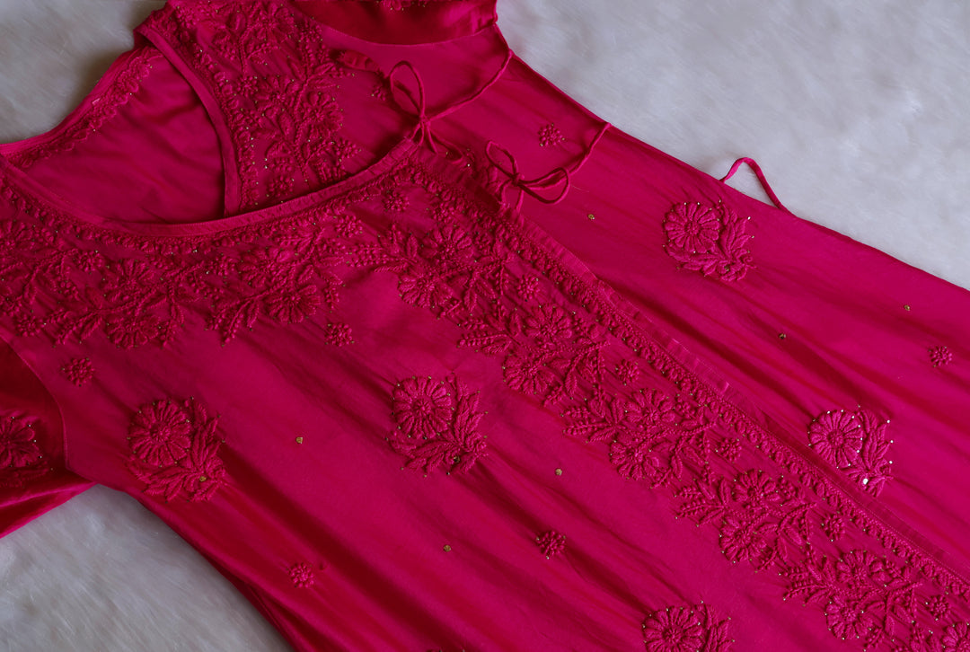 Noor Deep Pink Pure Chanderi Silk Angarakha