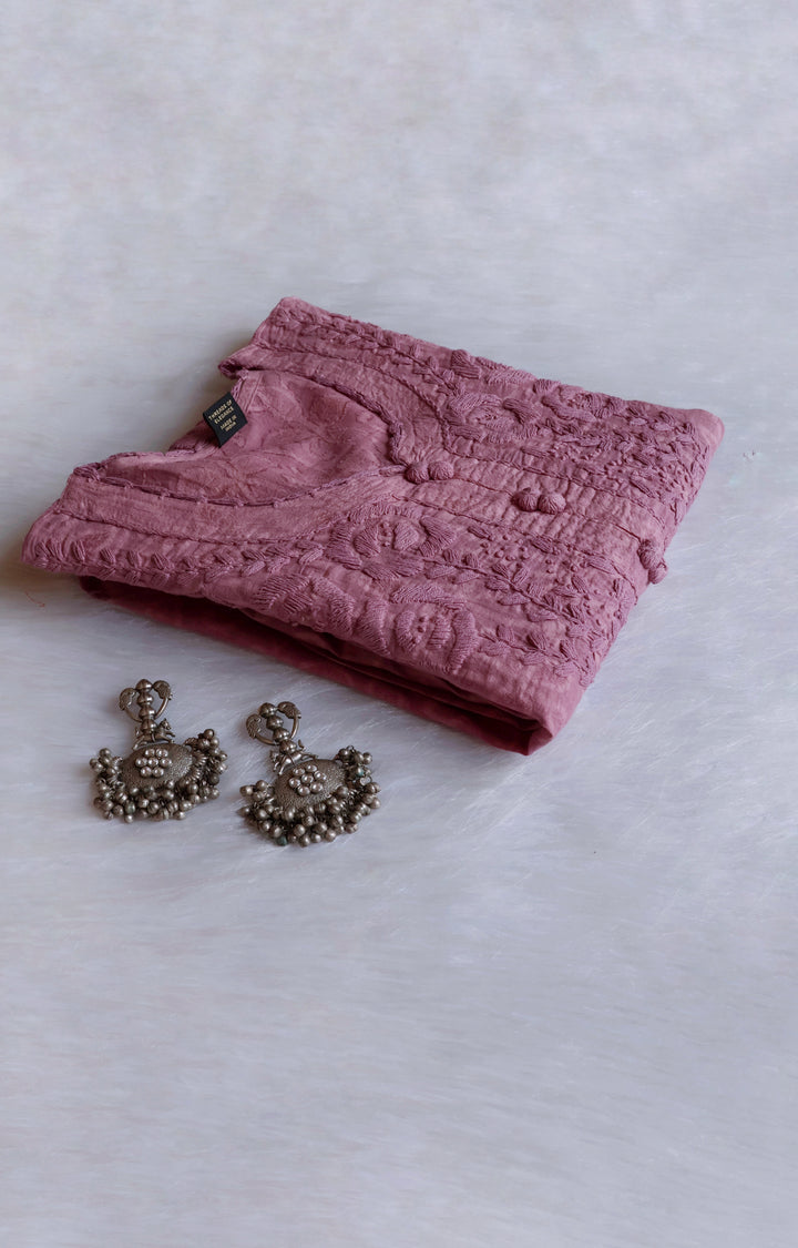 Dusty Mauve Long Jacquard Lace Cotton kurta