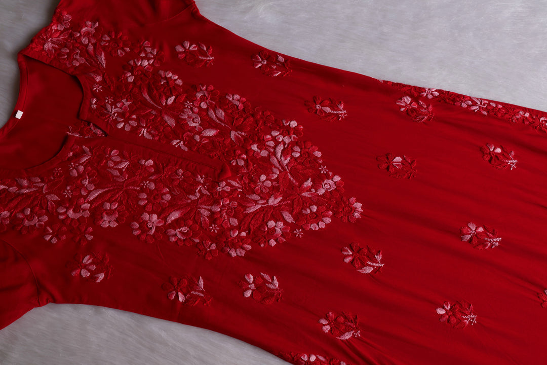 Nuresa Red Ombre Thread Long Rayon Kurta