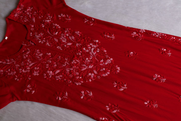 Nuresa Red Ombre Thread Long Rayon Kurta