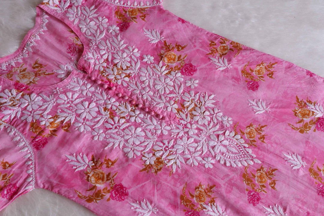 Gul Premium Pink Floral Long MulMul kurta