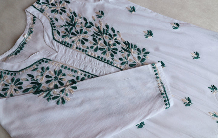 Gul Kashmiri White & Teal Pure Cotton Kurta
