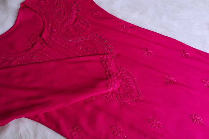 Naida Deep Pink Rayon mukaish Long Kurta