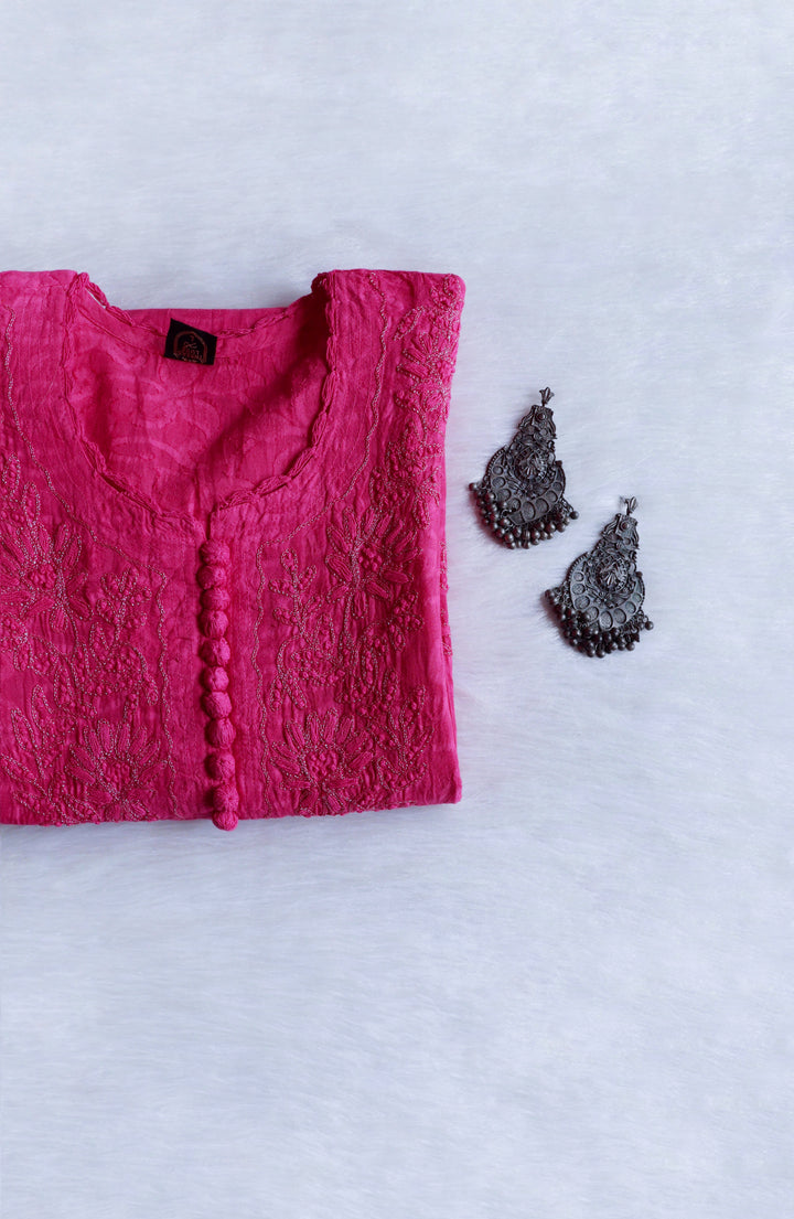 Deep Pink Long Cotton Jacquard kurta