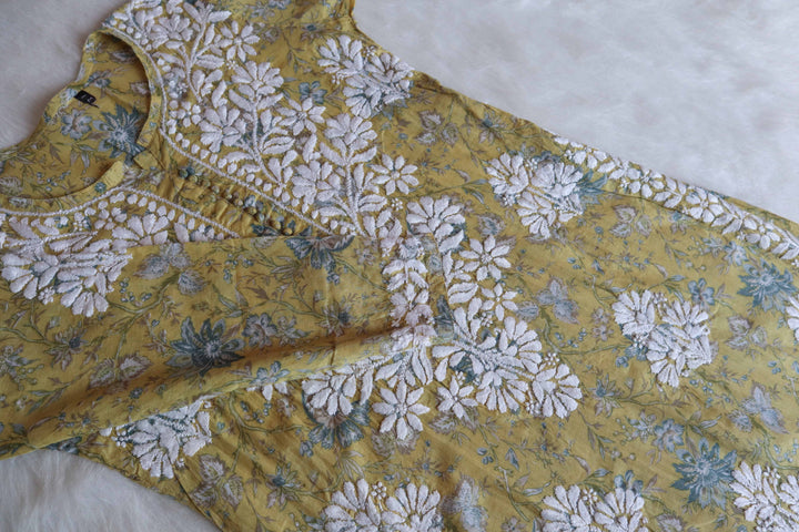 Abiha Lime Yellow Floral Luxe MulMul kurta