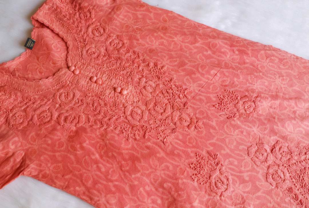 Peach Long Jacquard Lace Cotton kurta